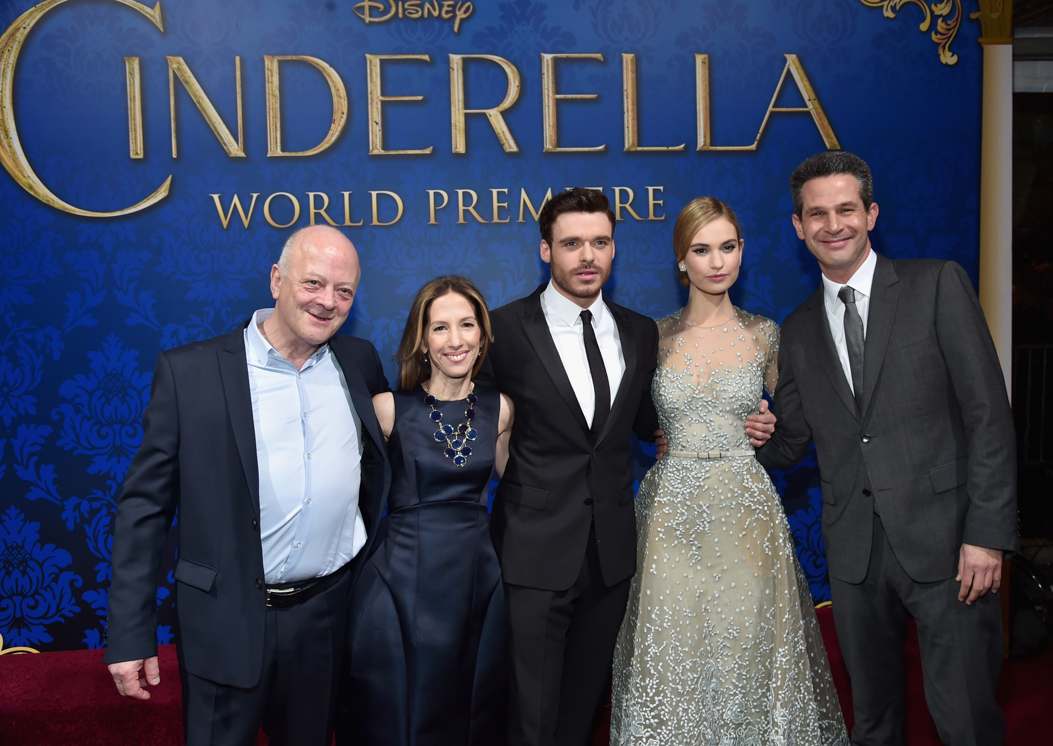 David Barron, Richard Madden, Simon Kinberg, Allison Shearmur and Lily James at event of Pelene (2015)