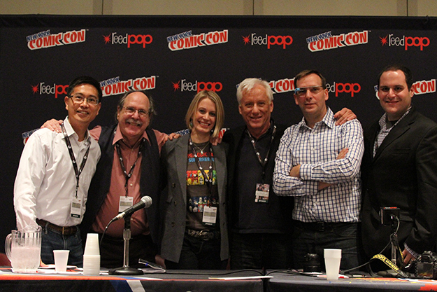 Paul Levinson (2nd from left) and James Woods (4th from left) at Futurescape NY Comic Con panel in October 2013