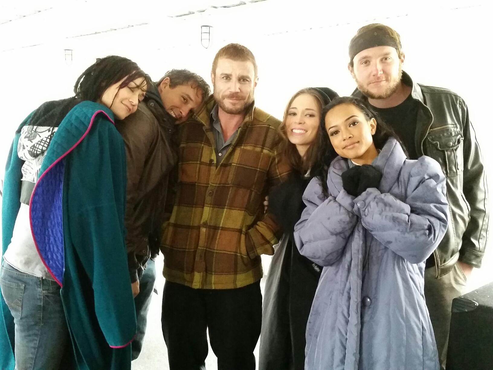 Brianna Ferris with Jaason Simmons, Brad Mills, Karrueche Tran, and Scott Reynolds on the set of 3 Headed Shark Attack