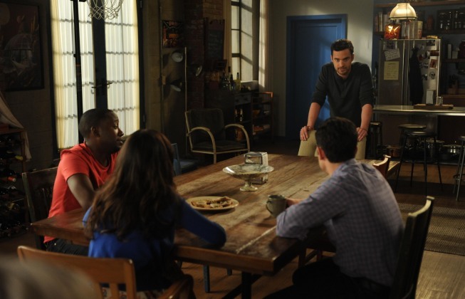 Still of Max Greenfield, Hannah Simone, Lamorne Morris and Jake Johnson in New Girl (2011)