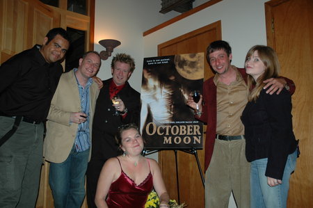 Cast & crew of October Moon (2005) (V) at the theatrical premiere on September 29, 2005. (L-R) Jamey Sewell (composer), Michael John Isaacson (Exec. Producer), Jason Paul Collum (writer/director), Jennifer Lynn Goebel (Line Producer), Jerod Howard (actor, 