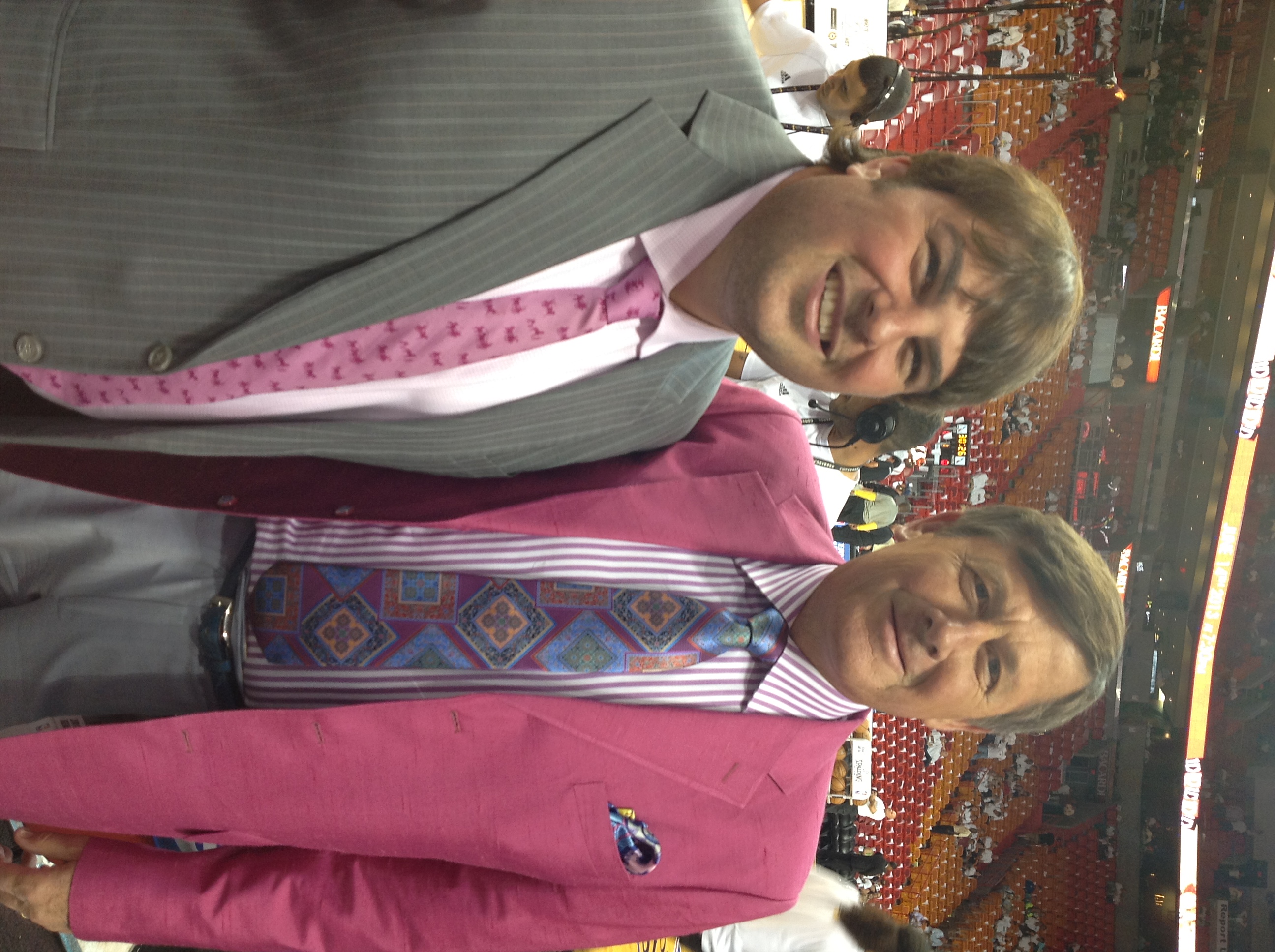 Arthur L. Bernstein & Craig Seager of TNT Sports having a COLOR SUIT BATTLE. Craig loves Purple and Bernstein loves Pink.