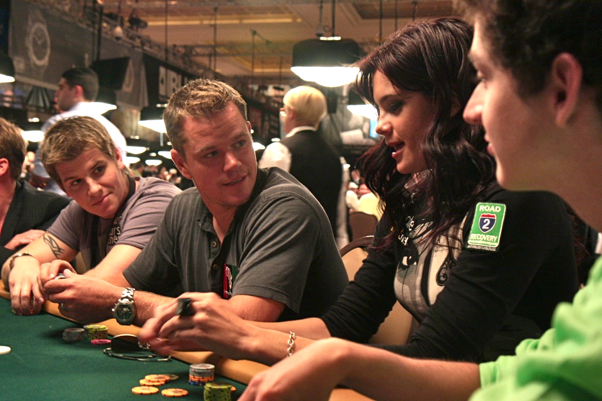 Matt Damon and Tiffany Michelle playing in the 2009 World Series of Poker's Ante Up for Africa Celebrity Event.