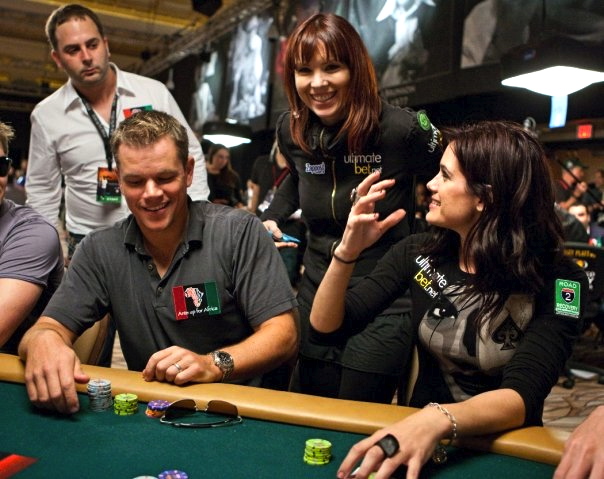 Matt Damon, Tiffany Michelle and Annie Duke playing the 3rd Annual Ante Up for Africa celebrity charity poker tournament.