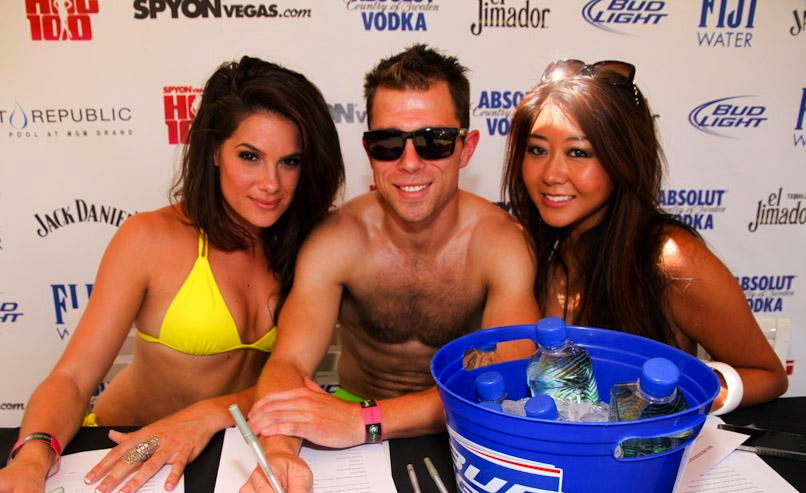 Tiffany Michelle, Maria Ho and celebrity trainer Chris Tye-Walker judge the SpyOnVegas Hot 100 Bikini Contest at Wet Republic in Las Vegas.