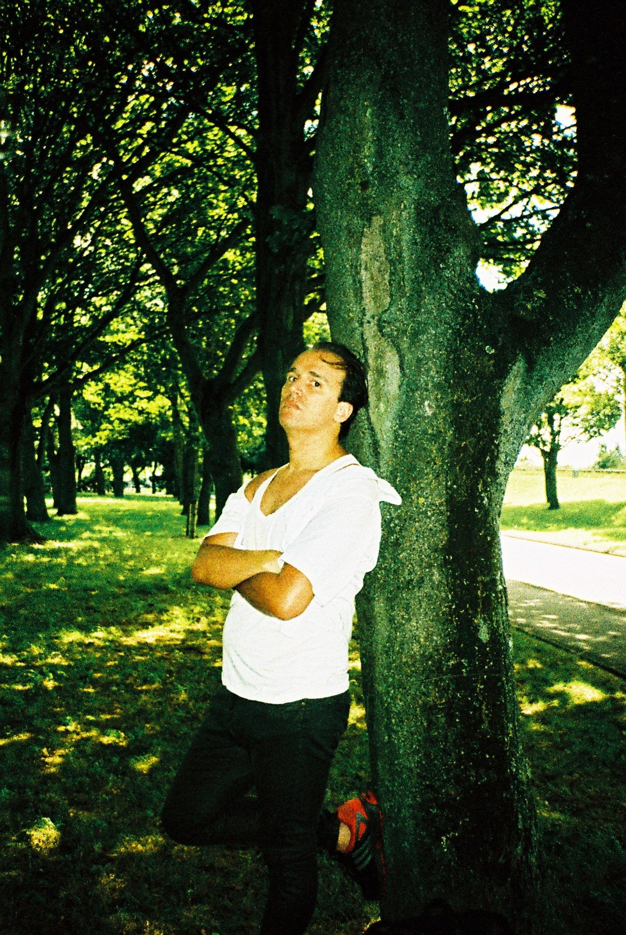Shawn Watson on location in an avenue of trees in South Queensferry.