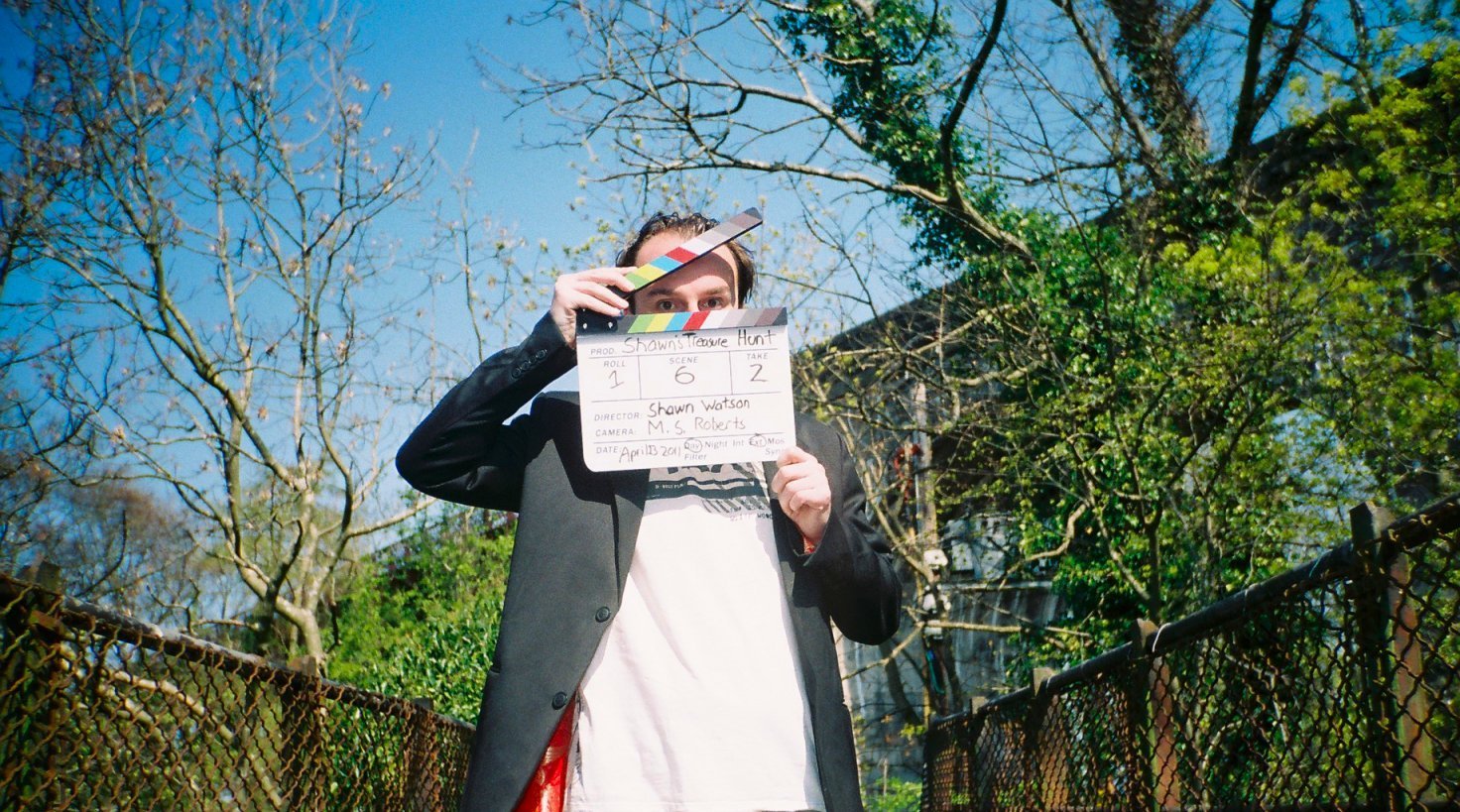 Shawn with the clapperboard on location in South Queensferry.