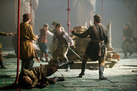 Narnia: Voyage of the Dawn Treader fight (performers from left to right) Nick Schodel, Morgan Evans (grounded), Georgie Henley with Cameron McKay (back center), Skandar Keynes, Damien Bryson, and Michael M. Foster (back right)