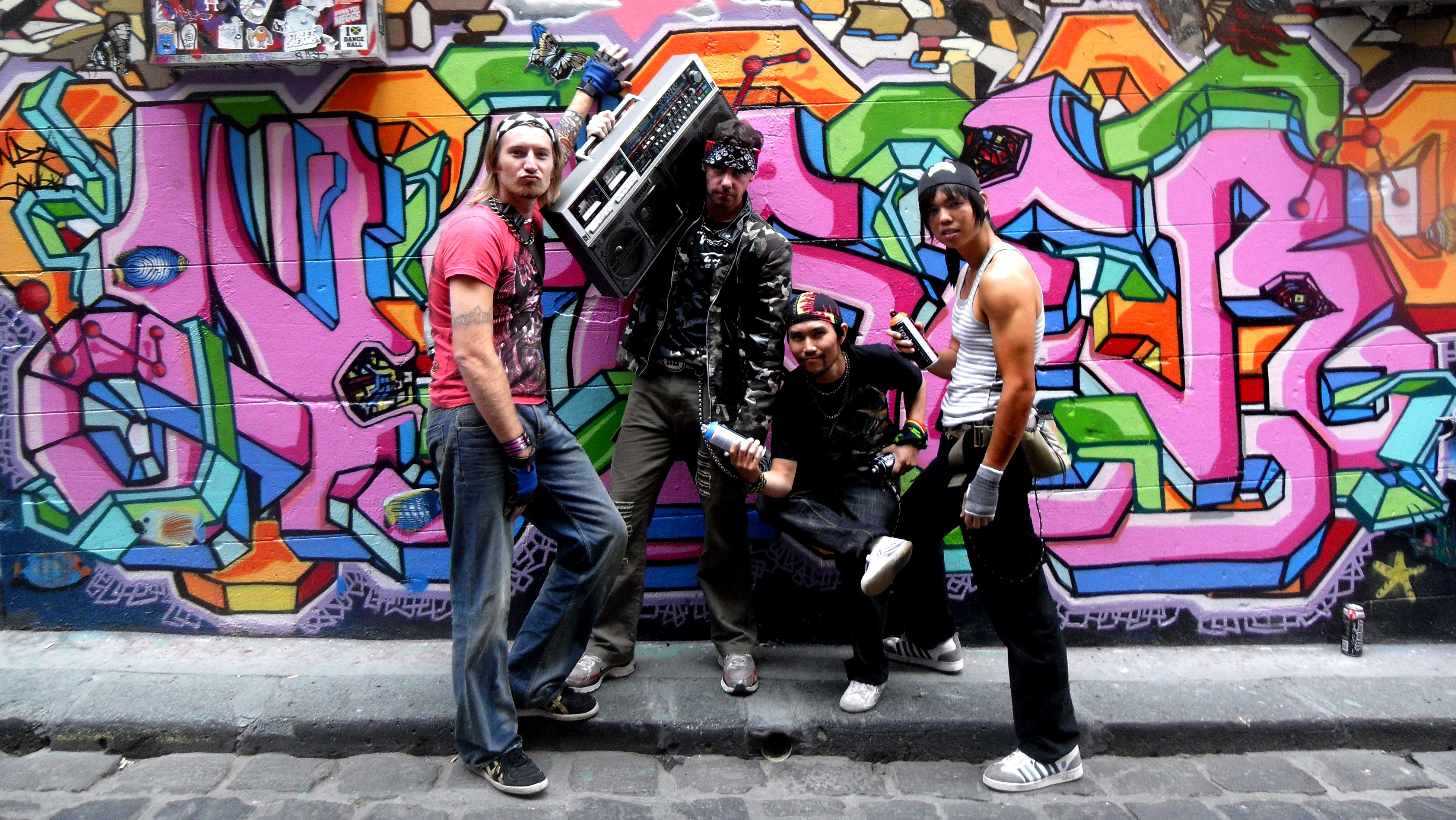 The Graffiti Gang from ORANGE, Tollywood film... stunt guys from left to right...Michael M. Foster, Chris Weir, Yasushi Asaya, Ri Jie Kwok on location in Hosier Lane Melbourne Victoria Australia