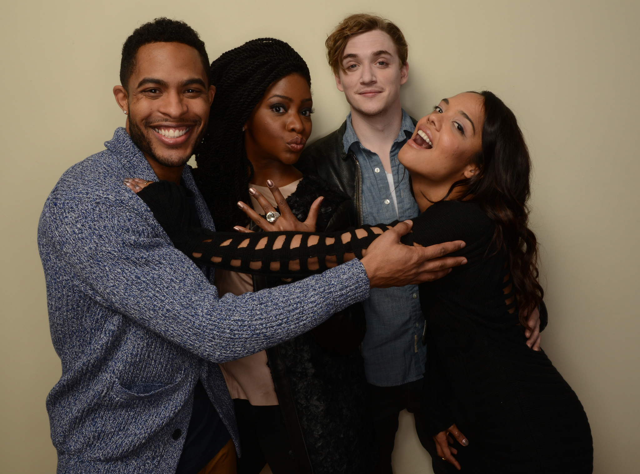Kyle Gallner, Tessa Thompson, Brandon P Bell and Teyonah Parris at event of Dear White People (2014)