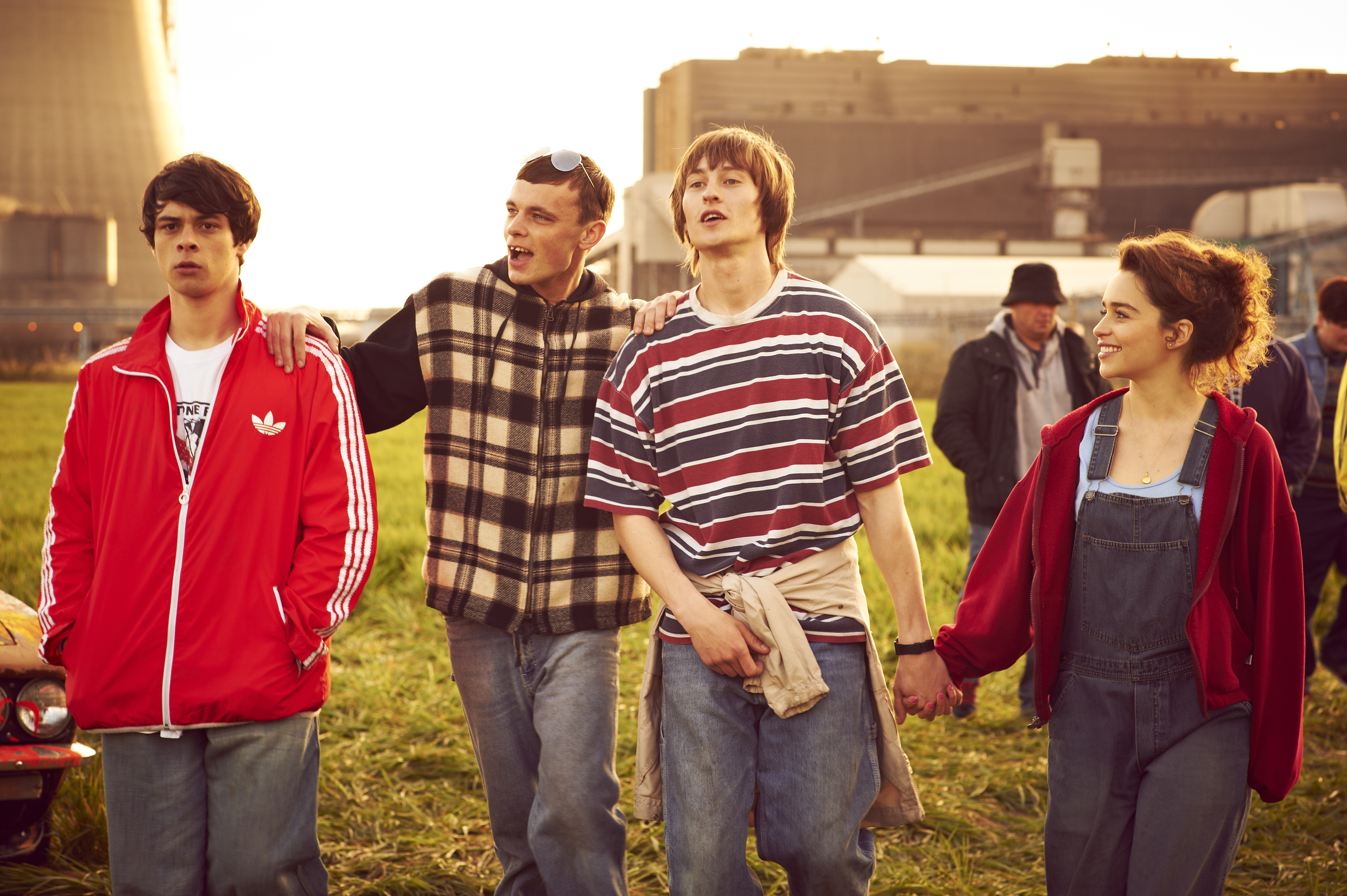 Still of Jordan Murphy, Elliott Tittensor, Oliver Heald, Nico Mirallegro, Adam Long and Emilia Clarke in Spike Island (2012)