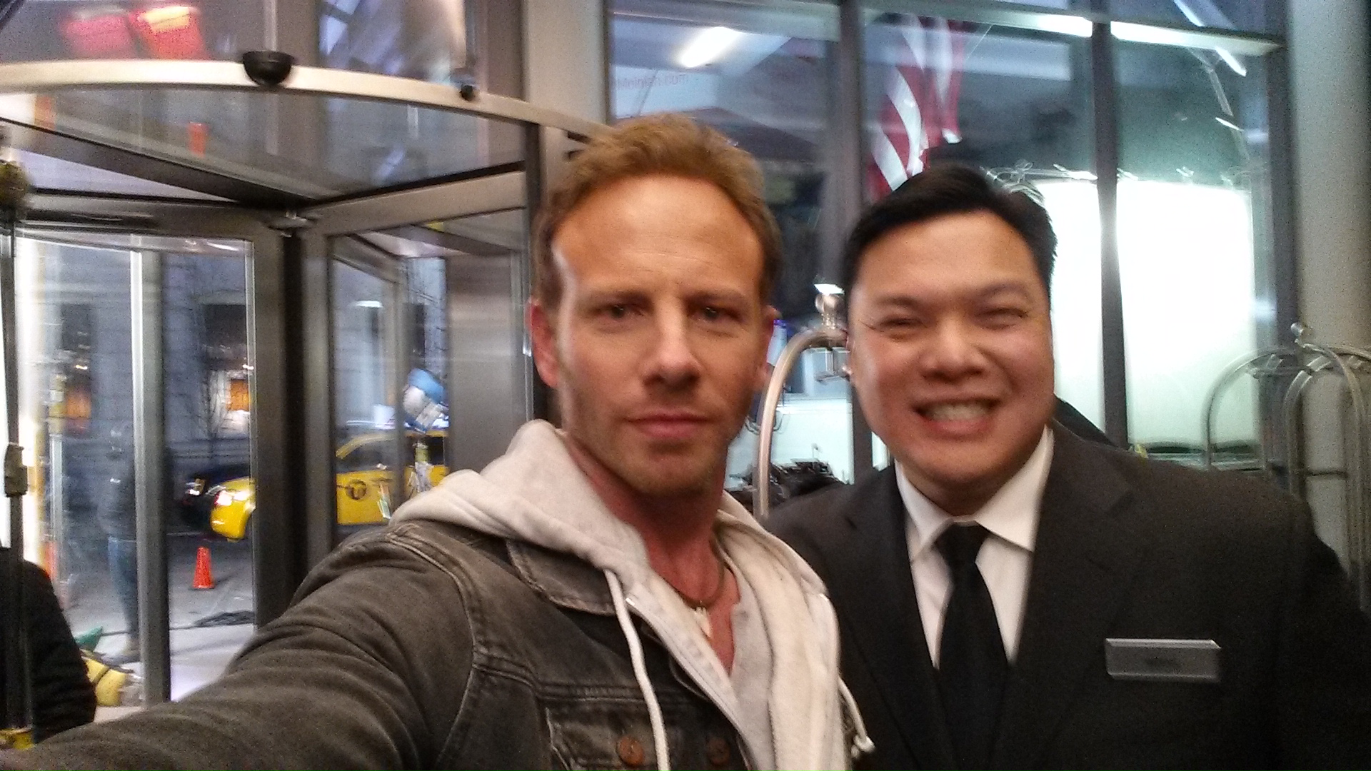 Ian Ziering and Lyman Chen on the set of Sharknado 2:The Second One