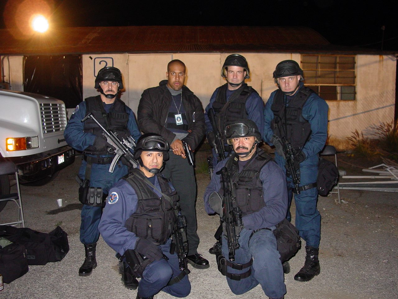 SWAT4HIRE on location filming 24 with Kiefer Sutherland. Pictured with another of 24 great actors! Tactical Casting provided by Patricia Homan Davila of SWAT4HIRE; originally subcontracted by Central Casting.