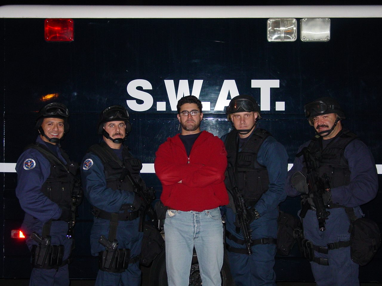 Real SWAT Operators on set as CTU Agents on location filming 24 with Kiefer Sutherland. Officers pictured with 1st AD *Tactical Casting provided by Patricia Homan Davila of SWAT4HIRE