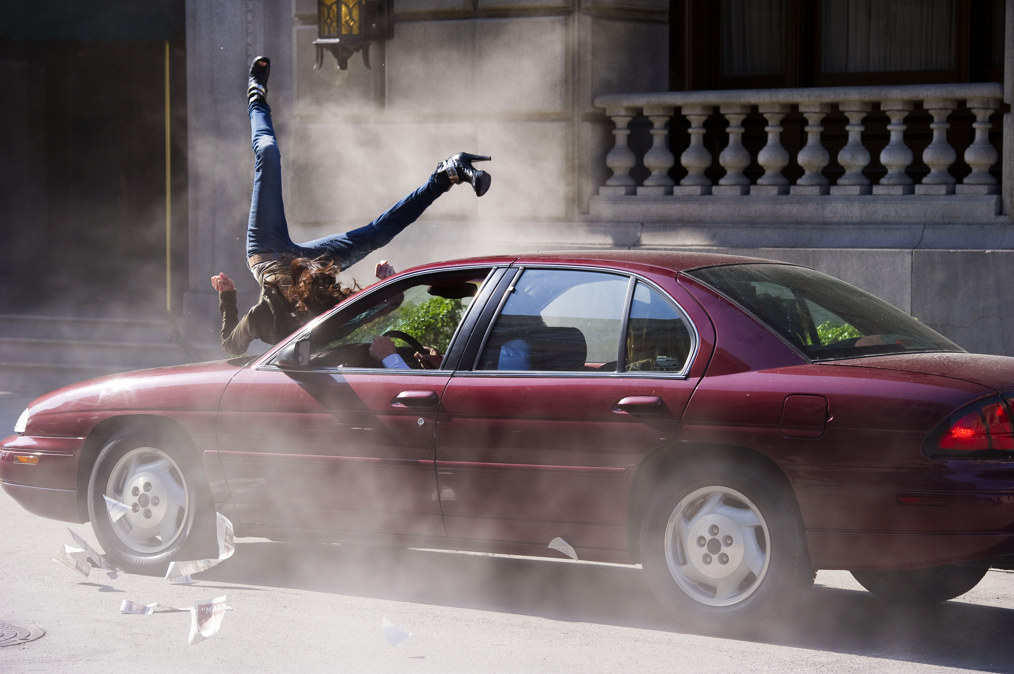 Stuntwoman Tammie Baird taking a car hit for actress Shannon Elizabeth on Chris Brown's 