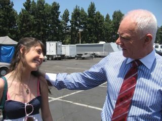 Cassidy Lehrman with Malcolm McDowell on set of Entourage