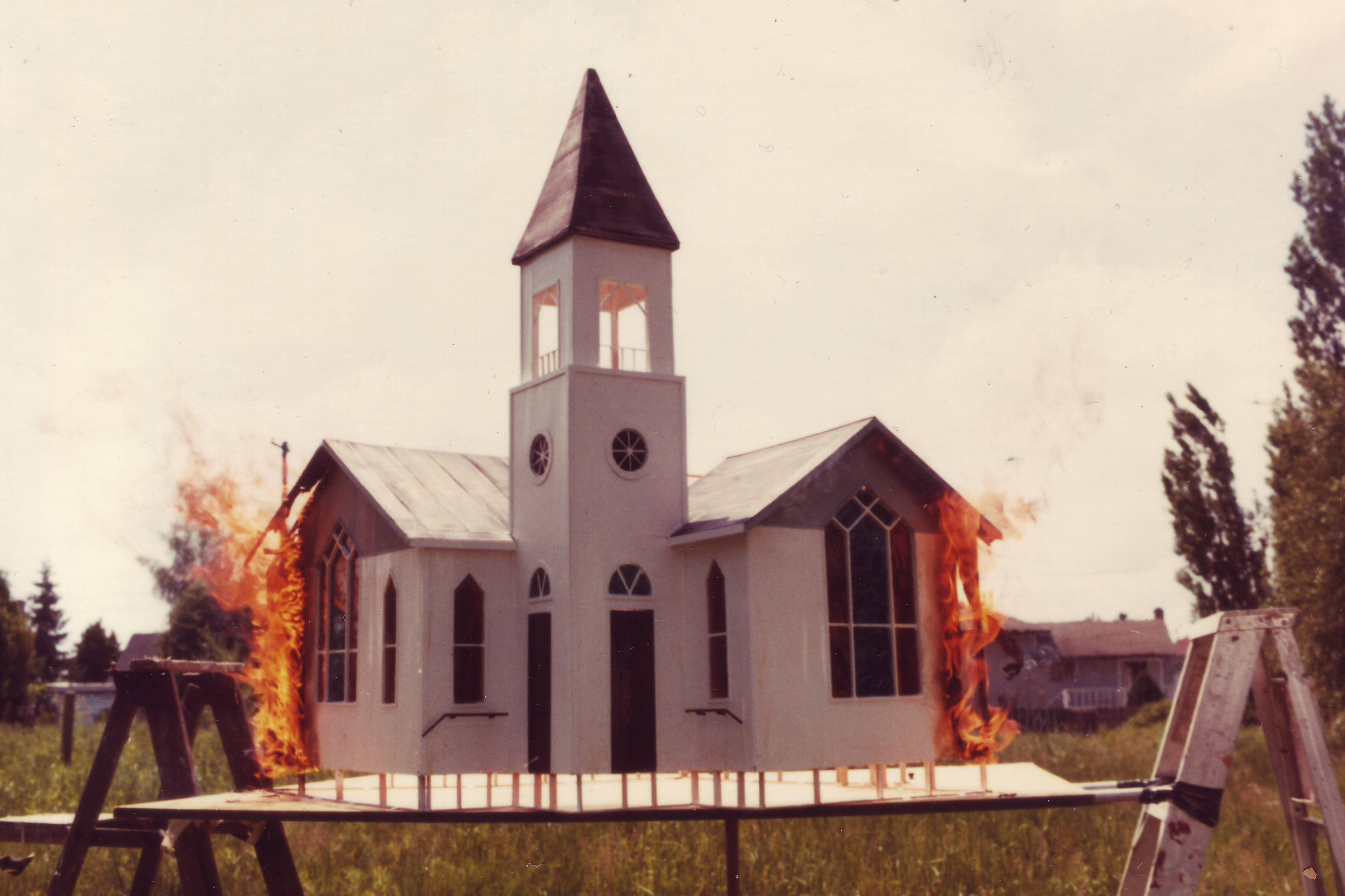 The Minoru Chapel model burns in the 1979 film 