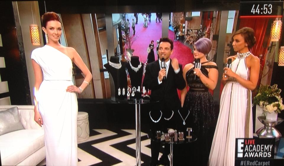 Amanda Fields models for the E! Live Countdown to the Academy Awards with George Kotsiopoulos, Kelly Osbourne and Giuliana Rancic