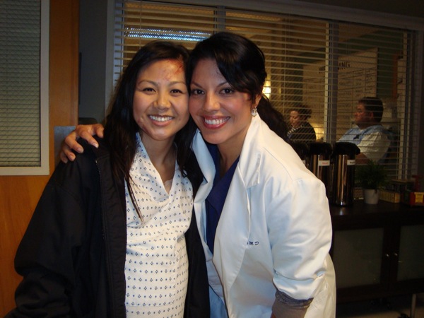 on set of Grey's Anatomy with Sara Ramirez