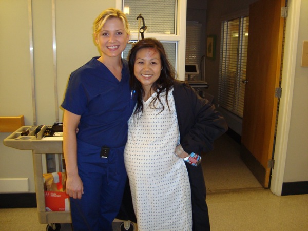 on set of Grey's Anatomy with Jessica Capshaw
