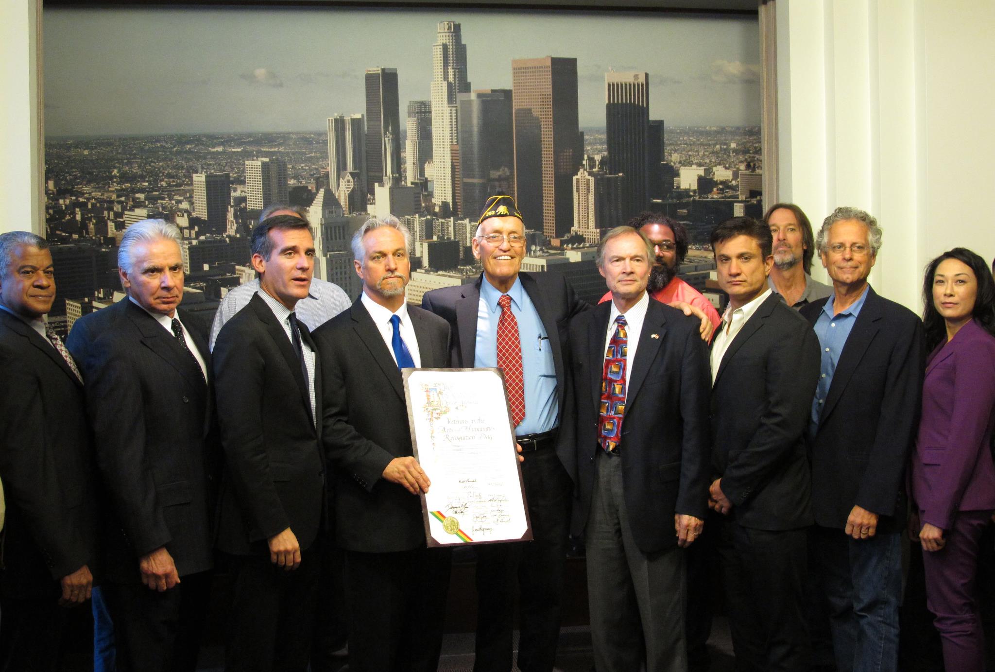 Andrew With Bill Rosendahl Los Angeles Mayor Eric Garcetti. Also in the picture is famous playwrite John DiFusco, and Excutive Director of USVAA Kieth Jeffries to honor Veteran in the Arts and Humaities Day as a national holiday every Nov. 1st.