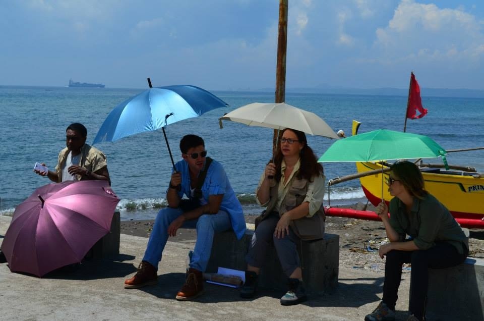 Shot of Suzanne Sumner Ferry and Jonathon Rosenthal on set during the filming of TREASURE HUNTERS (2013, Magic Elevator) in Bataan/Balanga, Philippines.