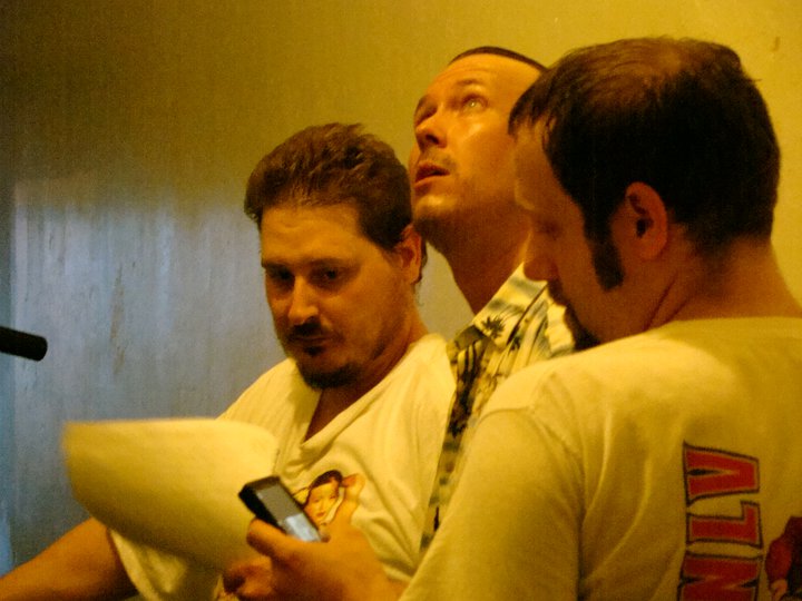 Wahlin flanked by Justin R. Romine (left) and Keith Romine, of Fathead Films