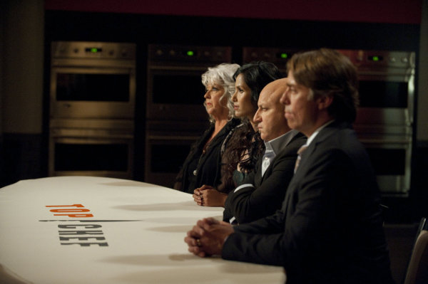 Still of Padma Lakshmi, Paula Deen, Tom Colicchio and John Besh in Top Chef (2006)