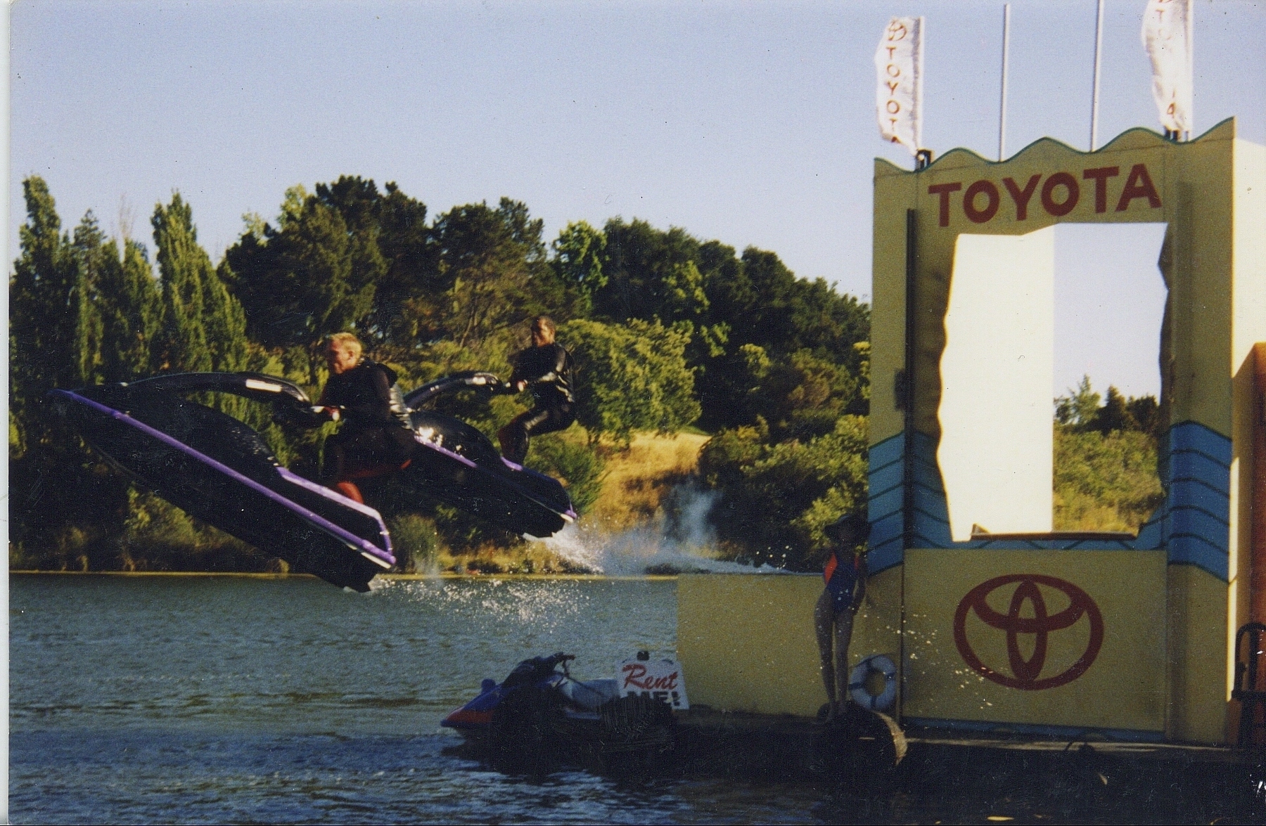 Brian Keith Allen and a stunt member rehearsing a jet-ski stunt.