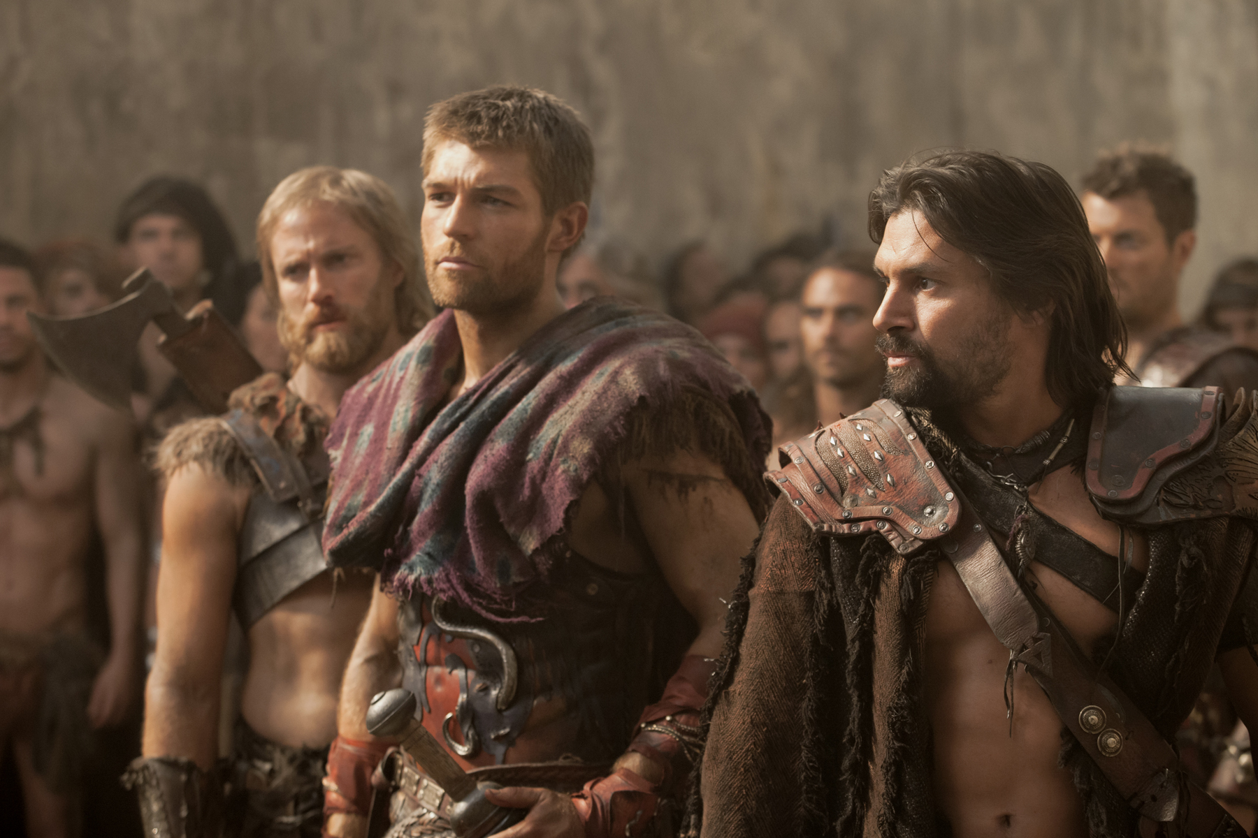 Still of Manu Bennett, Ditch Davey, Dustin Clare, Daniel Feuerriegel and Liam McIntyre in Spartacus: Blood and Sand (2010)