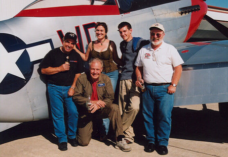 L to R: stunt pilot Dan Martin, producer Robin Shaw, director Gary Ambrosia, pilot Hugh Bikle, pilot Elsworth Getchell (down front).