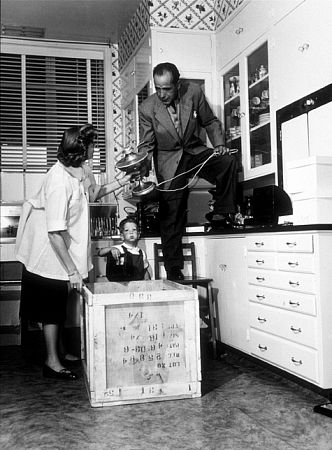 Humphrey Bogart, Lauren Bacall, and their son, Stephen, at home in Los Angeles, CA, 1952.