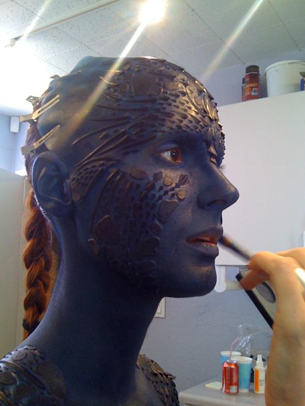 Meghan Ashley all made up prepping the Mystique prosthetics and makeup for 
