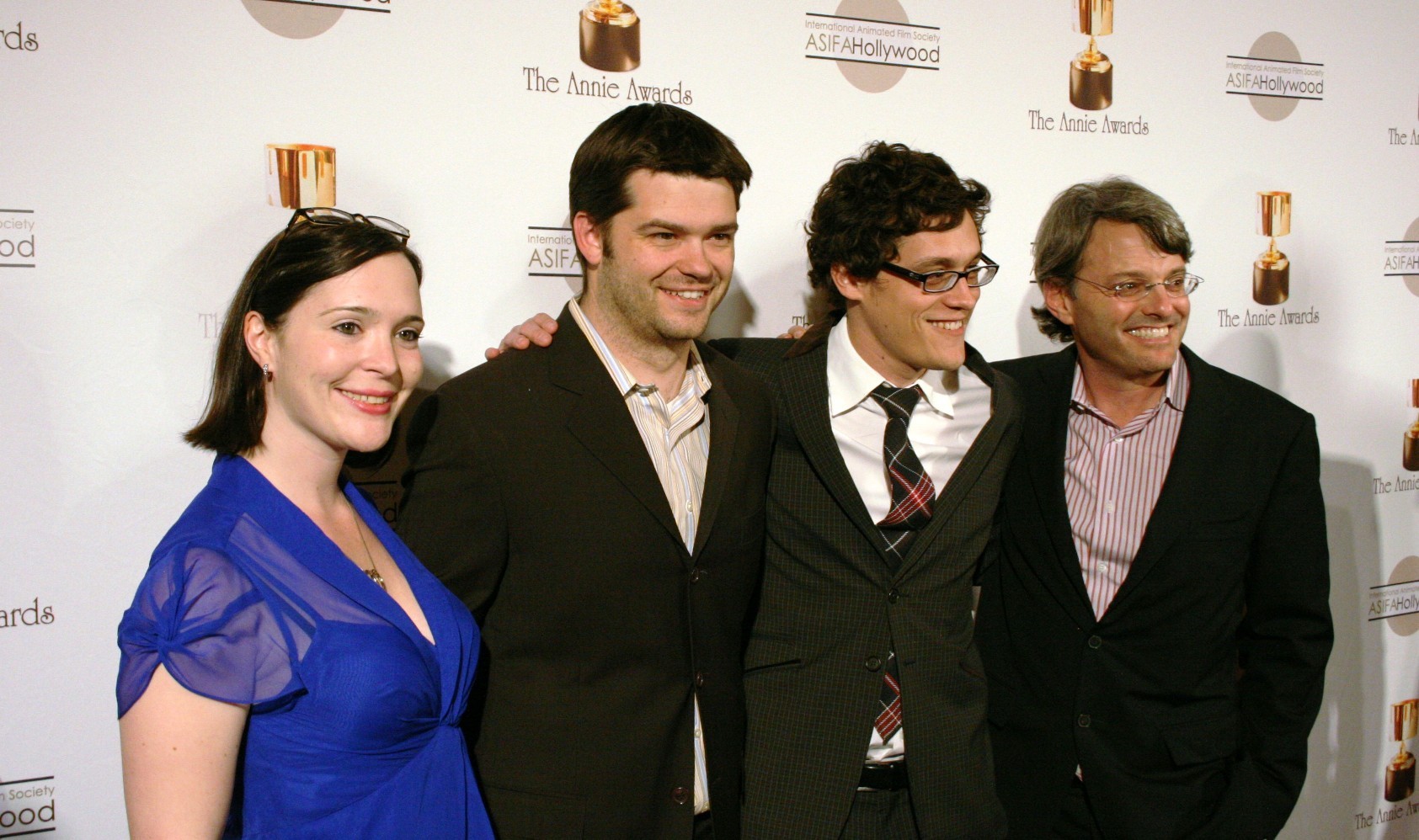 Studio execs Hannah Minghella and Bob Osher flank directors of Cloudy with a Chance of Meatballs, Phil Lord and Chris Miller