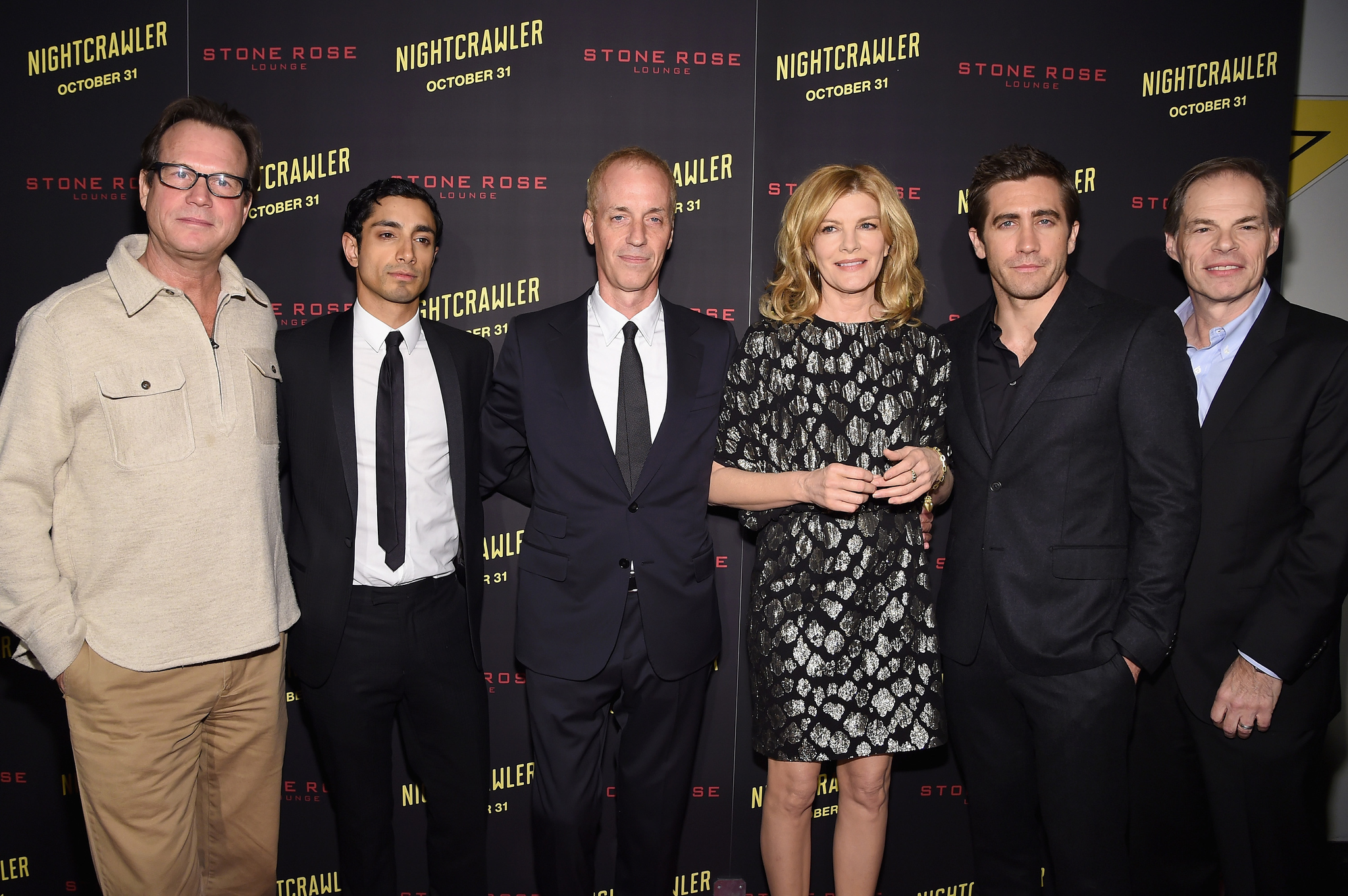 Bill Paxton, Rene Russo, Dan Gilroy, Jake Gyllenhaal, Tom Ortenberg and Riz Ahmed at event of Nightcrawler (2014)