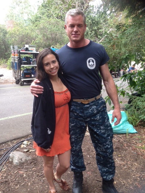Janelle Marie on set of The Last Ship with Eric Dane