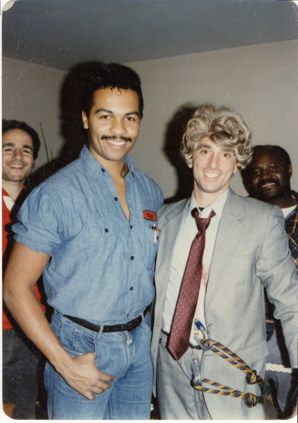 David Copeland and Ray Parker Jr. just after David rappelled out of a twenty story apartment building window for the film Enemy Territory.