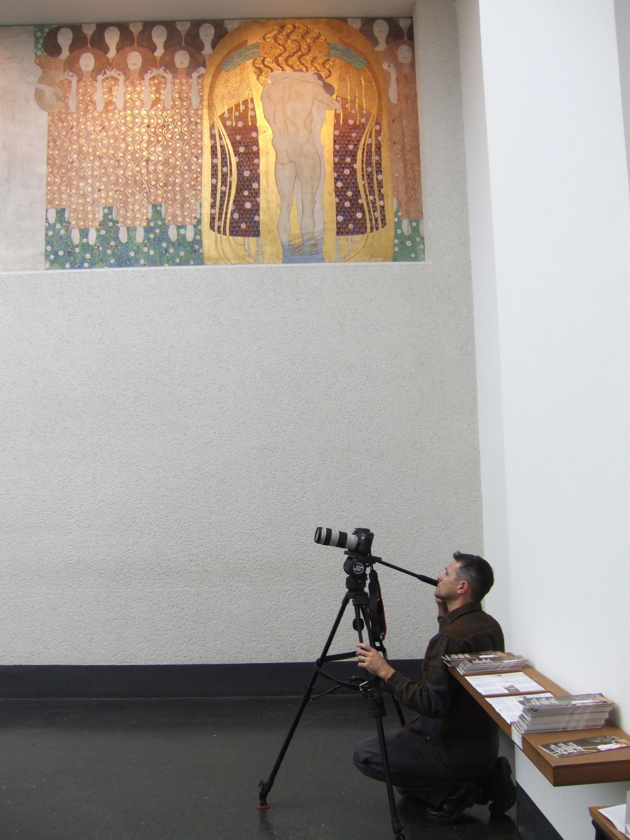 Filming Gustav Klimt's Beethoven 9th Frieze in Vienna at the Secession Museum.