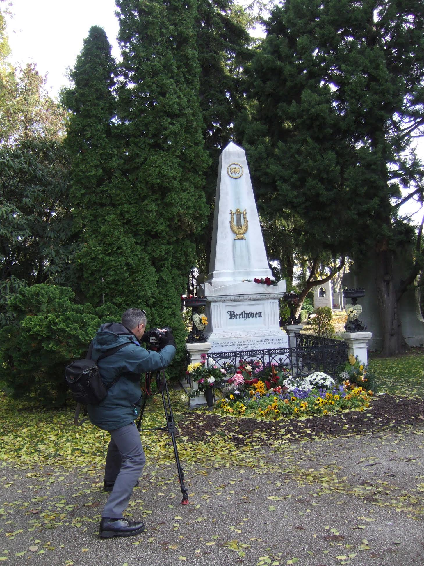 With DP Nick Higgins filming at Beethoven's grave