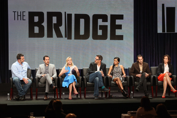 Exec. prod Elwood Reid, actors Demian Bichir, Diane Kruger, Matthew Lillard, Emily Rios, Tom Wright & Franka Potente speak onstage at 'The Bridge' panel during the FX Networks portion of the 2014 Summer TCA at The Beverly Hilton on 7/21/14