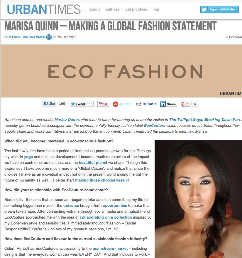 Twilight Actress Marisa Quinn makes a global fashion statement with her partnership with EcoCouture - an environmentally friendly women's wear brand.