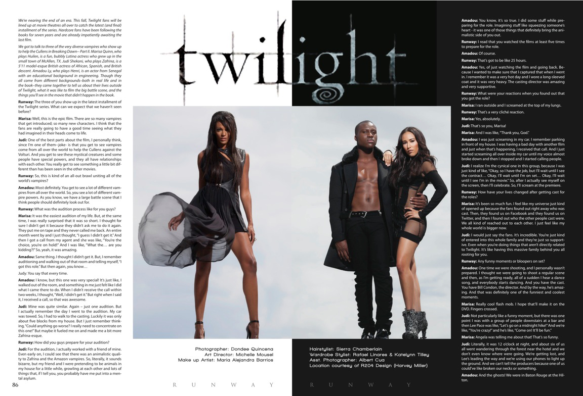 Twilight Breaking Dawn Part 2 stars Judi Shekoni, Amadou Ly, & Marisa Quinn grace the pages of Runway Magazine, winter 2012.