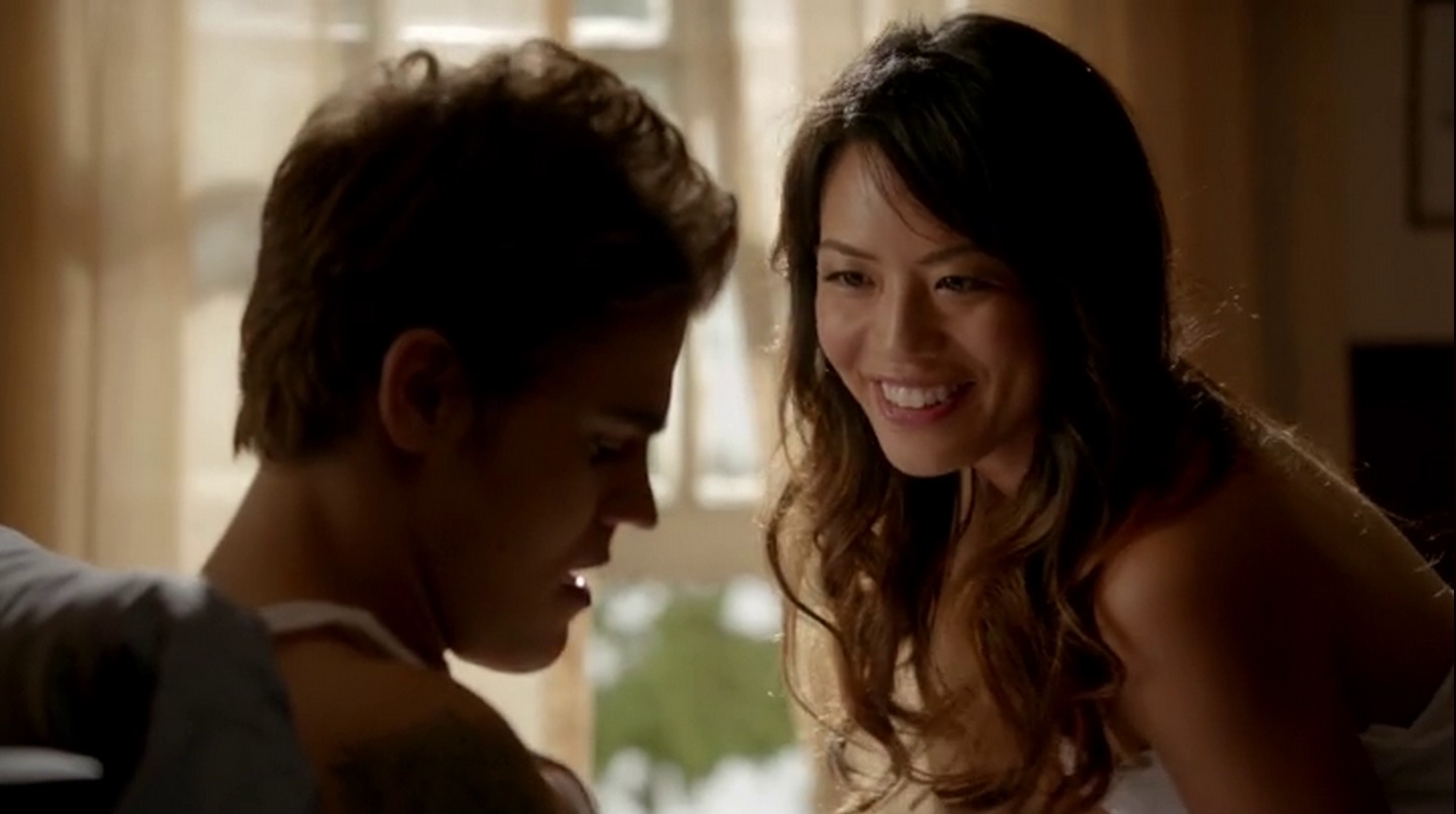Emily C. Chang and Paul Wesley in The Vampire Diaries.