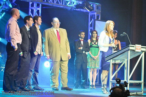 Scott Zakarin, Rob Cesternino, Tim Pilleri, Paul Camuso, and Lisabeth Shatner accepting the first ever Streamy Award for the Shatner Project.