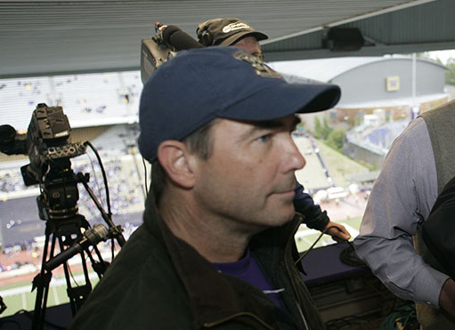 Producer Lenny O'Donnell on location at the University of Washington's Husky Stadium.