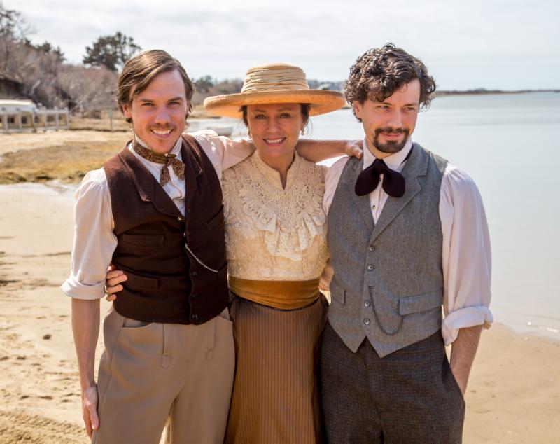 John (Shane Patrick Kearns)(Left), Louise (Jacqueline Bisset) , and Peter Roland (Christian Coulson)(Right) On the Set of PETER and JOHN. Location: Nantucket - April 2014