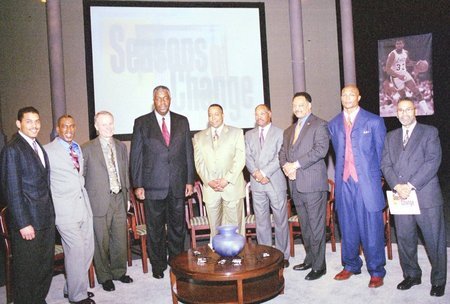 [left to right] Joe C. Farr III (Executive Producer), Howard White, Richard Lapchick, Coach John Thompson, John Saunders, Bobby Mitchell, Reverend Jesse Jackson, Eddie George, Fred Brown (Producer)