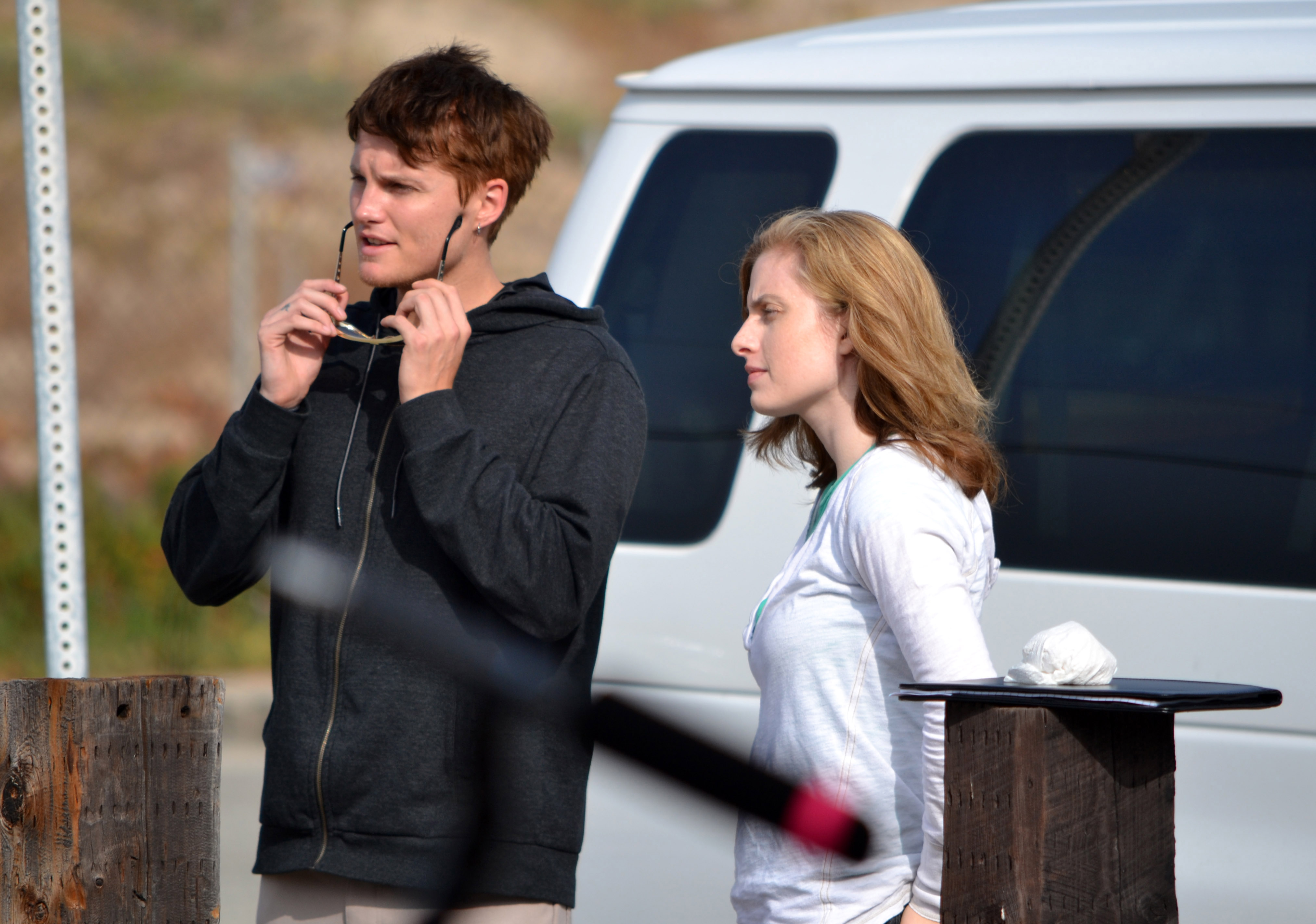 Jennifer Clary on the set of The Silent Thief with Toby Hemingway.