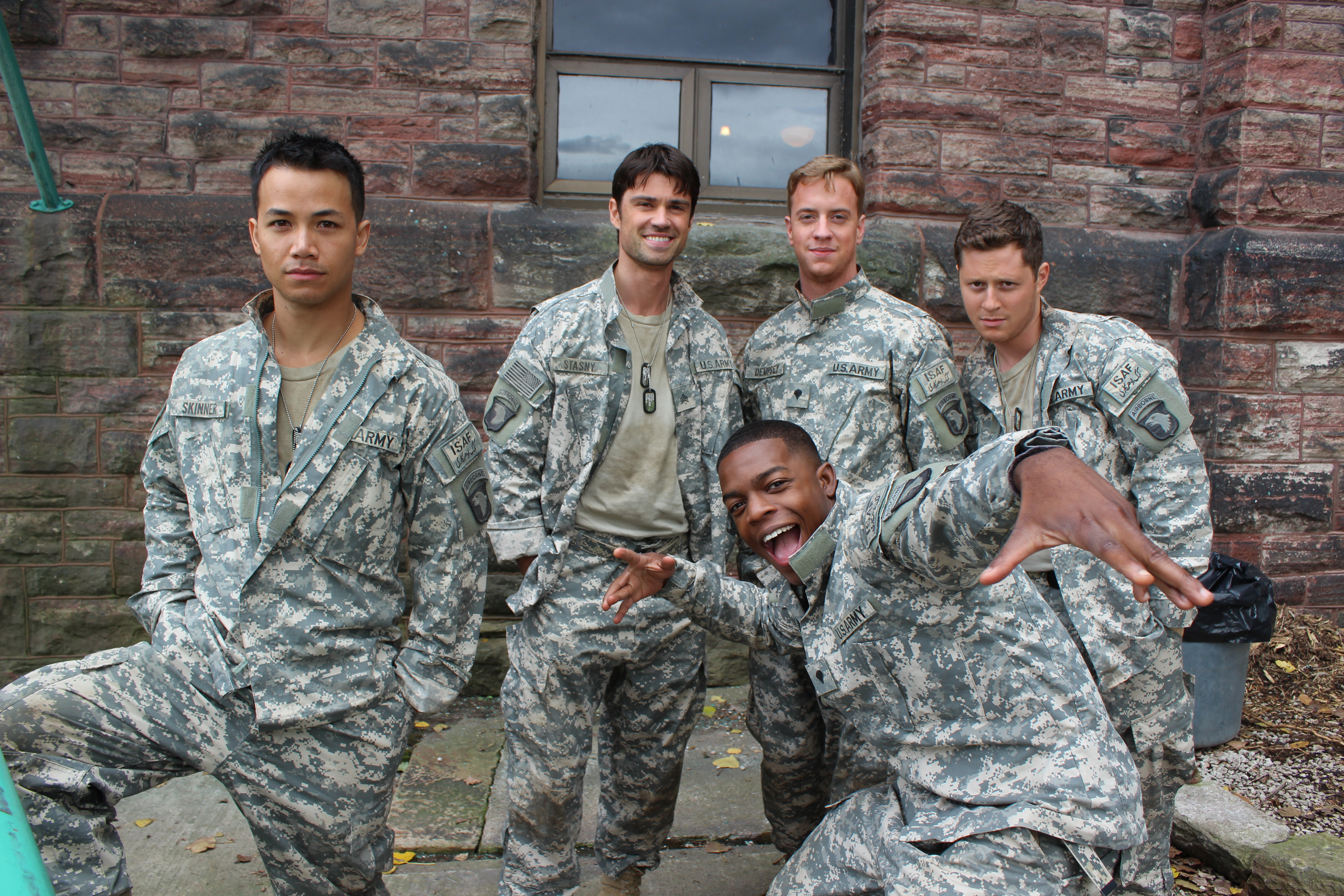 Shannon Kook, Corey Sevier, Will Bowes, Noah Reid, and Stephan James on the set of A Pride of Lions.