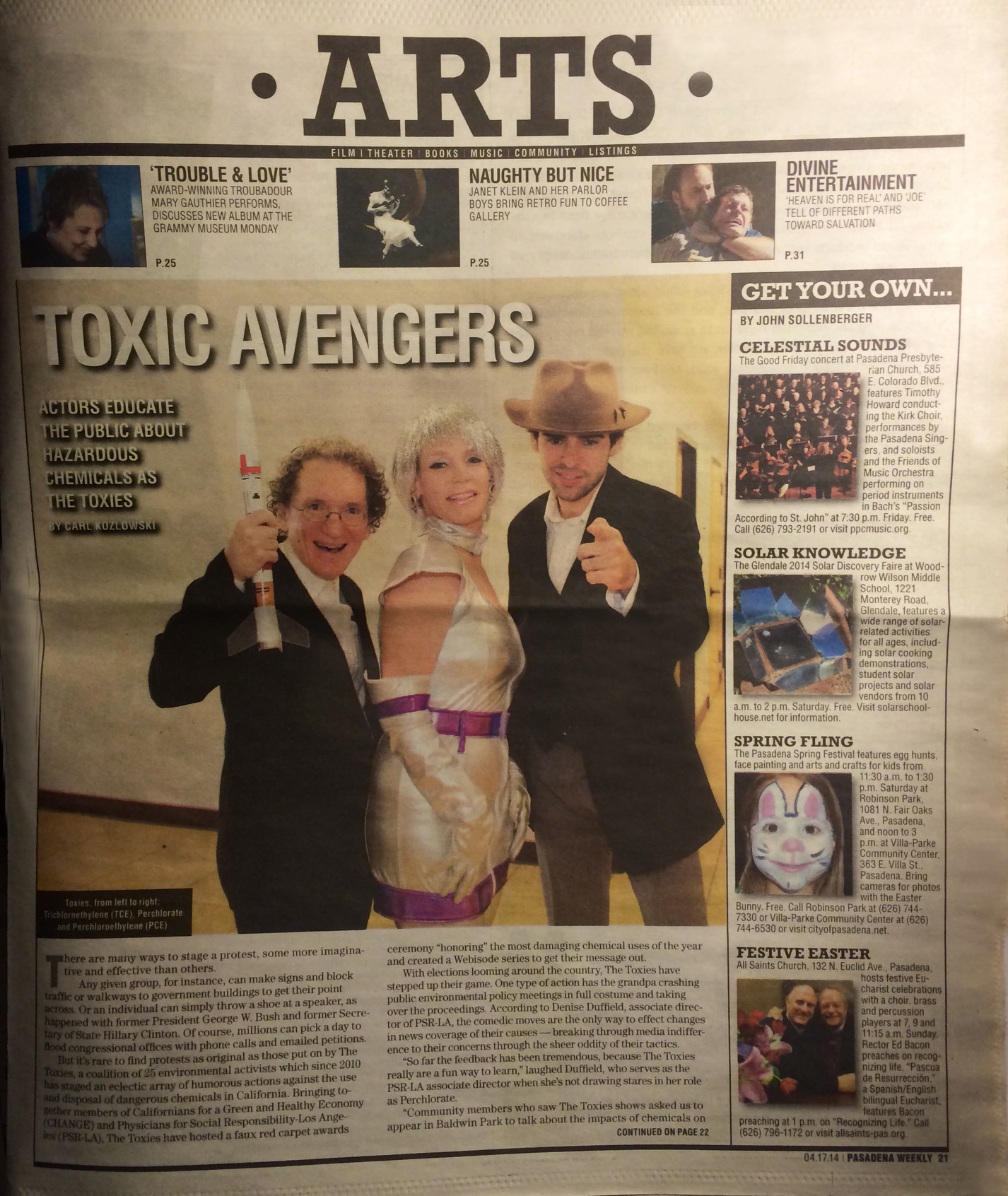 The Toxies, from left to right: Trichloroethylene (Holland MacFallister), Perchlorate (Denise Duffield) and Perchloroethylene (Oliver Rayón). Pasadena Weekly. April 17th, 2014.